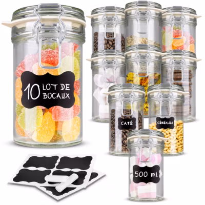 Creative Home Lot de 10 Bocaux en Verre 500ml – Bocal en Verre avec Couvercle Hermétique – Boite Rangement Cuisine – Pot a epices