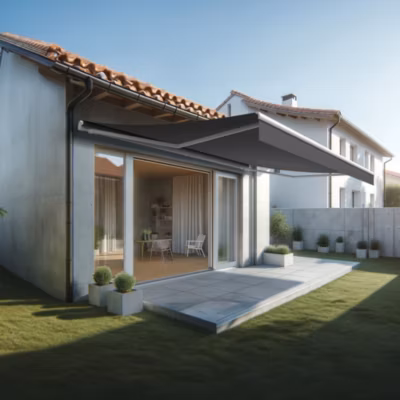 Store banne monobloc ESPAI 6,00×3,50m (Motorisé à interrupteur + manœuvre de secours – Gris Graphite – Blanc)