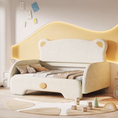 Lit Double enfant – Lit Double enfant Moderne en Forme d&rsquo;Ours avec Matelas Inclus et Tissu Velours Confortable, 140×200 Cm, Beige