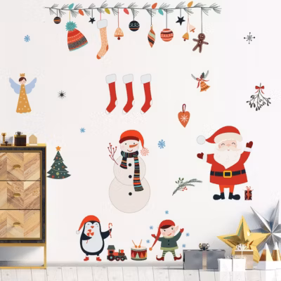 Sticker Noël père noël et éléments de noël – Autocollants stickers adhésifs noël – décoration fêtes – 40x55cm