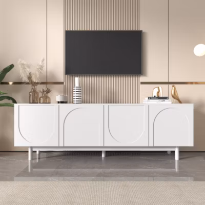 URBAN MEUBLE Meuble TV blanc style luxe portes texturées forme de U