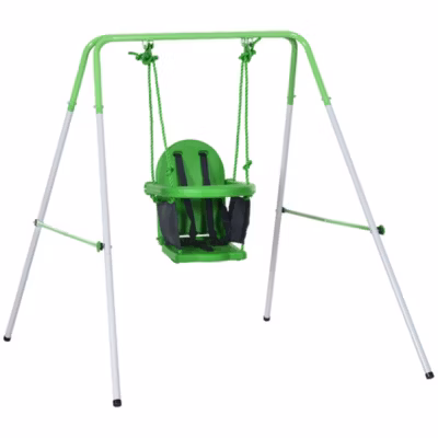 Portique balançoire enfant 6-36 mois – siège haut, accoudoirs, ceinture sécurité 2 points, barre protection – métal blanc vert