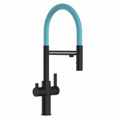 Mitigeur de cuisine 3 Voies Chromé Robinet Bec Turquoise Orientable Et Douchette 2 Jets Détachable – Noir Mat