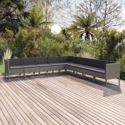 vidaXL Salon de jardin 9 pcs avec coussins, Résine tressée Gris