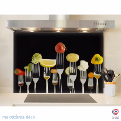 Crédence cuisine fond de hotte fourchettes et aliments 2 – Verre trempé – L 90 cm x H 60 cm – MaCrédenceDéco