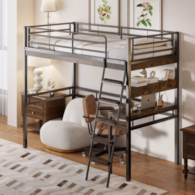 Lit Mezzanine 90×200 cm – Lit Ado avec Bureau et Étagères – Protection Anti-Chute Incluse – Métal et MDF – Noir – Sans Matelas