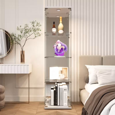 Vitrine à 4 étagères en verre trempé avec finition miroir et LED, Idéale salon, chambre, bureau, exposition et rangemen, blanc