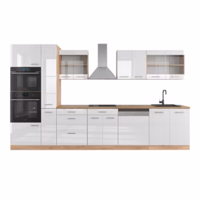 Vicco Cuisine Blanc brillant/Chêne doré 350cm avec armoire haute, sans PT