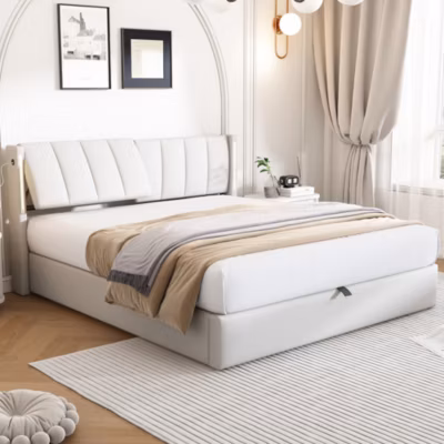 Lit Coffre Double 140×190 cm – avec Rangement Hydraulique et Éclairage LED – Sans Matelas, en PU Blanc
