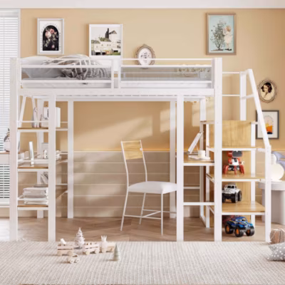 Lit mezzanine 140×200 cm avec bureau intégré, armoire et échelle à rangements, structure métal blanche