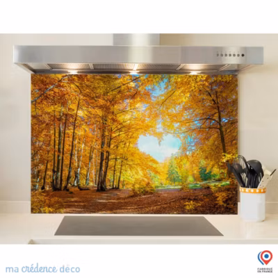 Crédence cuisine fond de hotte forêt et cœur – Verre trempé – L 90 cm x H 60 cm – MaCrédenceDéco