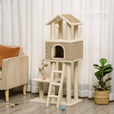 Arbre à chat PawHut 130 cm avec niche, boules de jeu et poteaux en jute khaki et beige