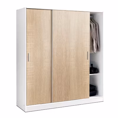 Armoire / placard de rangement de 2 portes coulissantes coloris Blanc / Chêne Cambrian – L. 182 x P. 56 x H. 200 cm