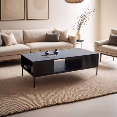 Table basse en acier et MDF décor mélaminé 120 cm noir  Oviala