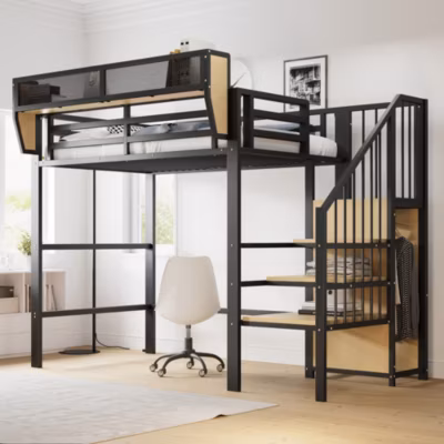 Lit Mezzanine Métal 90×200 cm enfant/Adolescent – Échelle de Sécurité avec Rangement Intégré, Sans Matelas, Noir