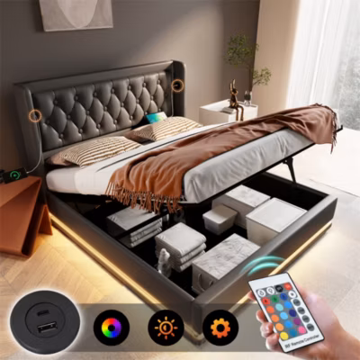 Lit rembourré hydraulique 160x200cm lit de rangement lit double avec fonction de charge usb type-c tête de lit pu noir