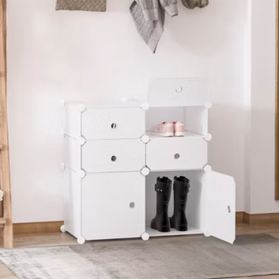 Meuble à chaussures 75 cm, 6 compartiments modulables et portes à rabat, design moderne blanc métal/PP