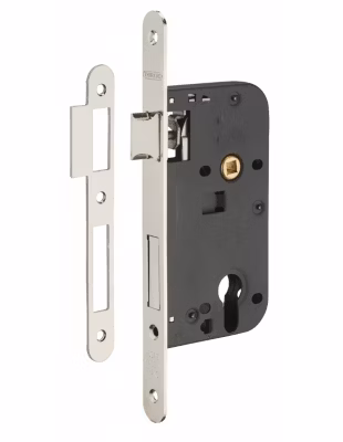 Boitier de serrure encastrable à cylindre pour porte d&rsquo;entrée, axe 50mm, bouts ronds, têtière nickelé – THIRARD