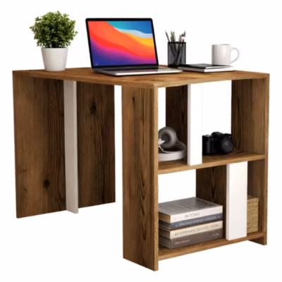 Bureau Bising, Pupitre polyvalent, Table de bureau pour PC, Plan de travail, 120x60h75 cm, Noyer et Blanc