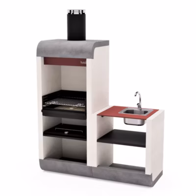 TUOZI – Barbecue bois charbon SUD PLUS avec évier et robinet(Blanc/Gris/Rouge-162x60x220cm)REF: 4340/2 – Cuisine extérieure idéale