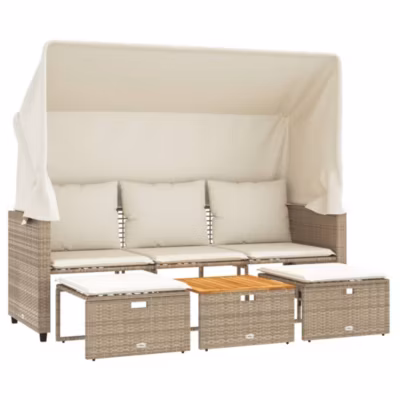 Canapé de jardin 3 places avec auvent et tabourets beige rotin vidaXL