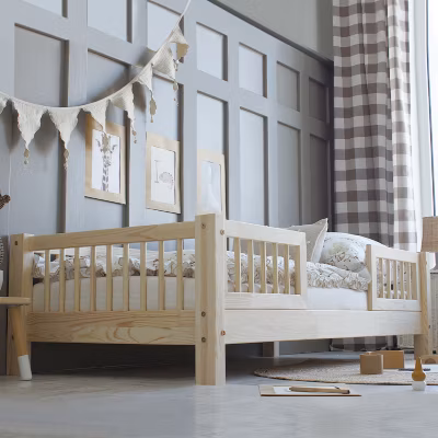 Lit 90×200 barrières et sommier inclus pieds 10 cm Adèle Bois