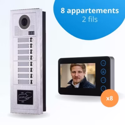 Portier interphone vidéo modern 2 fils – 8 appartements – 8 écrans noirs – avec lecteur de badge