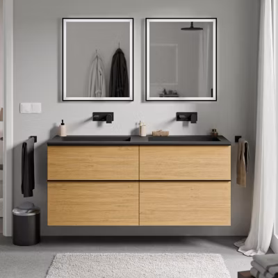 Meuble vasque suspendu MDF Chêne miel, lavabo fonte sans trou robinet & poignée Noir mat – 140x46x62cm – LAVOA