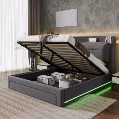 Lit 160×200 cm avec rangement hydraulique, tiroirs 2-en-1, LED intégrées et tête rembourrée en velours gris
