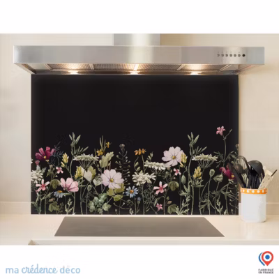 Crédence cuisine fond de hotte Dessin fleurs et aquarelle 1 – Verre trempé – L 70 cm x H 60 cm – MaCrédenceDéco