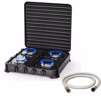 Plaque de cuisson gaz 4 feux 8800W Table de cuisson portable  +  Tuyau gaz Butane/Propane Bruleurs inox INTEC