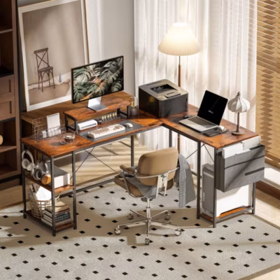 Bureau d&rsquo;angle en L – Table de travail réversible avec compartiments et support moniteur, bois marron, 168x120x90 cm