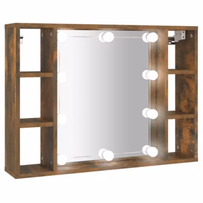 Armoire Murale à miroir LED, Armoire de Toilette, Meuble Salle de Bain Chêne fumé 76x15x55 cm