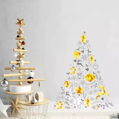 Sticker Noël sapin de noël doré et gris – Autocollants stickers adhésifs noël – décoration fêtes – 115x80cm