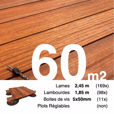 Kit terrasse bois exotique PADOUK pour 60 m², Lames 2,45 m, lambourdes 2,15 m et visserie Inox.