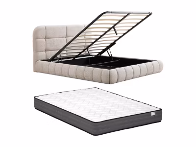 Lit coffre 180 x 200 cm – Tissu bouclette – Beige + Matelas – FORIOSY