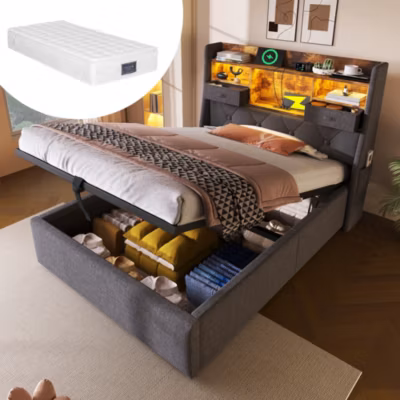 Lit coffre 90×200 cm avec tête de lit LED, sommier et matelas – rangement hydraulique USB/Type-C – lin et bois gris