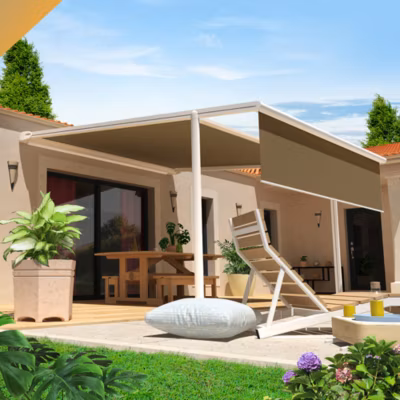 Pergola toile PYRITE 4,00×3,00 M Motorisé Secours à Télécommande + LED + Lambrequin (Armature blanc – Toile taupe)