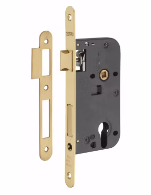 Boitier de serrure encastrable à cylindre pour porte d&rsquo;entrée, axe 50mm, bouts ronds, têtière laiton poli verni – THIRARD