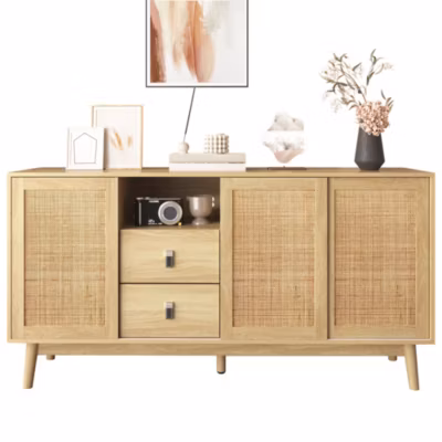 Buffet avec 3 portes coulissantes en rotin véritable et 2 tiroirs, 155x38x80 cm, respirant, stable et polyvalent