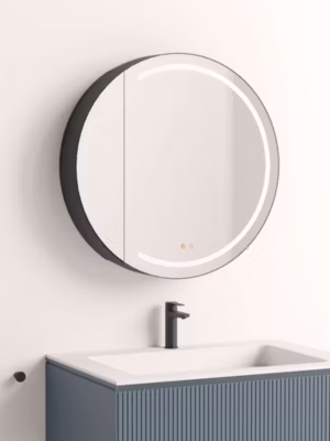 Armoire de toilette LED aluminium MANILLONS 1p miroir diamètre 80 cm P. 14 cm – Nox