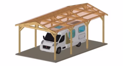 Carport deux pentes 350cmx950cm Bois DOUGLAS Français label PEFC (Charpente – Auvent – Abri Camping-car) surface 33 m²
