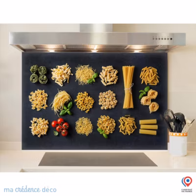 Crédence cuisine fond de hotte Pates – Verre trempé – L 90 cm x H 50 cm – MaCrédenceDéco