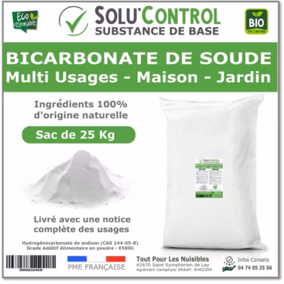 SOLU&rsquo;CONTROL – 25 Kg de Bicarbonate de Soude Multi Usages, Maison et Jardin, 100% Naturel, Sachet Zip refermable