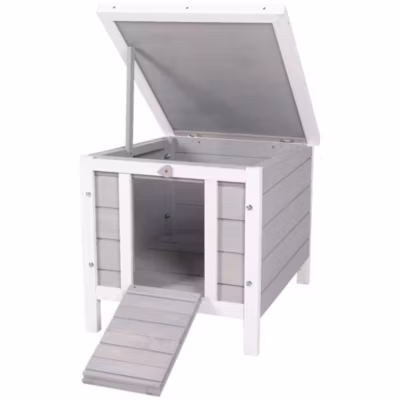 Clapier lapin niche sur pied – rampe porte verrouillable, toit ouvrant bitumé incliné – bois gris blanc