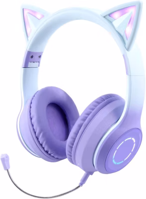 Casque Bluetooth sans Fil Pliable d&rsquo;oreille de Chat avec Micro intégré violet blanc