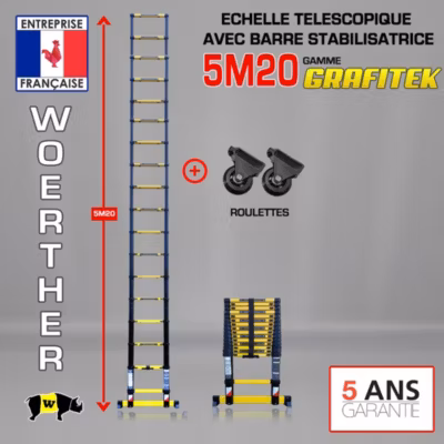 Echelle télescopique Woerther 5m20 avec barre stabilisatrice plus roulettes
