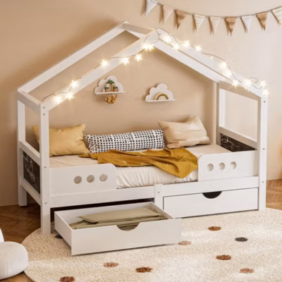 Lit enfant 90×200 cm, toit, 2 tiroirs, bois/MDF, charge 120kg