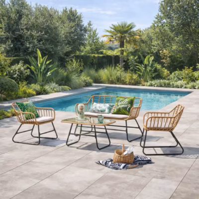 Salon de jardin 4 places en rotin et acier beige et noir PAREA