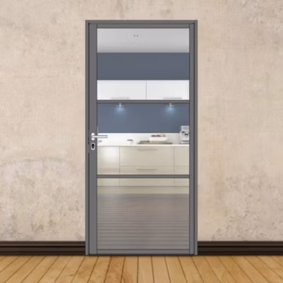 Porte battante gris anthracite H 2040 x L 930 mm – 3 verres clairs horizontaux + béquille inox